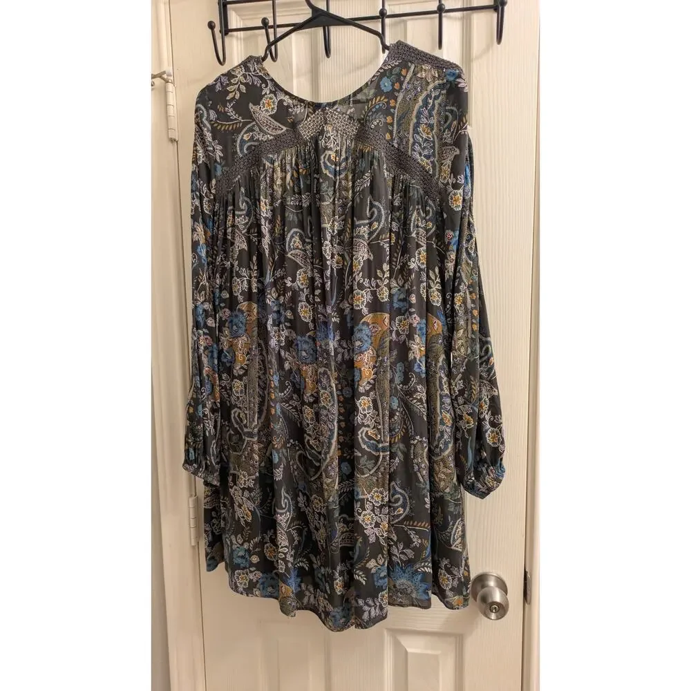 Free People Boho Paisley Floral Crochet Tunic Dress – Long Sleeve, Pockets